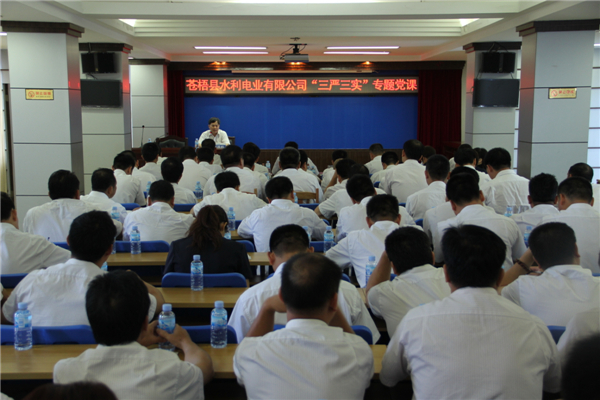 6月5日，蒼梧縣水利電業(yè)有限公司開展 &ldquo;三嚴(yán)三實&rdquo;專題教育黨課暨黨風(fēng)廉政教育培訓(xùn)，黨課邀請蒼梧縣人民檢察副檢察長莫孔文為